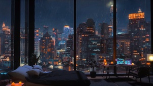 雨天·夜晚·城市·落地窗