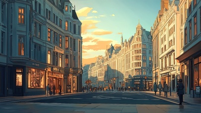 落日中的欧洲城市街道