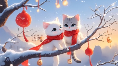 雪中树枝上猫咪