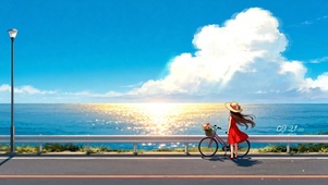 夕阳下海边女孩