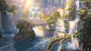 唯美黄昏城堡喷泉瀑布
