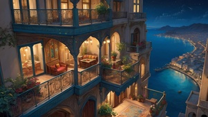 夜晚海港小屋