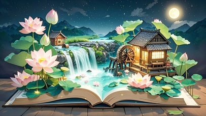 书中水车荷塘小屋