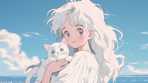海边的女孩与猫