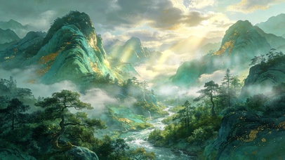 雾隐青山·溪淌金辉