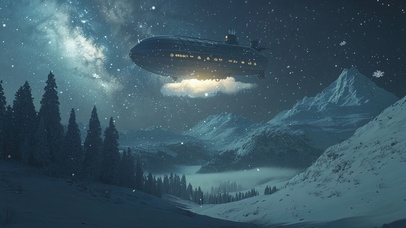 夜晚星空下的蒸汽飞艇