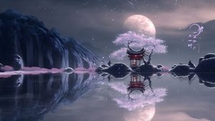 古风湖边樱花树