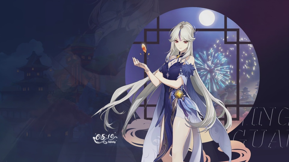 身着纱中幽兰礼服的凝光立于古风楼阁前，背景是满月、烟花与暗蓝夜空。