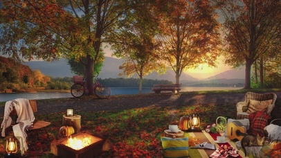 唯美治愈秋天树林湖边露营