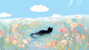 池塘里黑猫