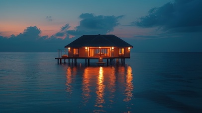 傍晚海中小木屋