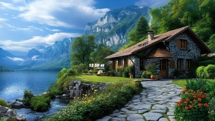 护眼清新湖边小屋