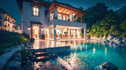 夜晚温馨泳池别墅