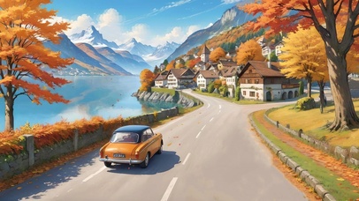 秋天湖边公路