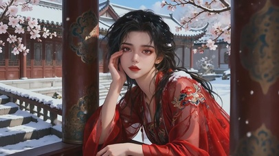 唯美雪景红衣美女