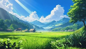 绿色唯美山间稻田