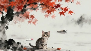 水墨秋景猫咪