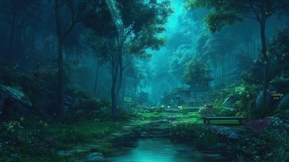 森林夜晚溪流小屋