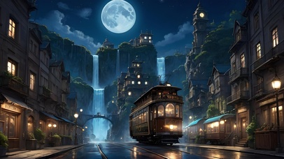 夜晚瀑布小镇电车