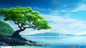 白云绿树湖水