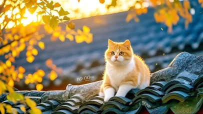 秋晨屋檐上的猫