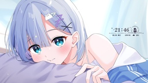 可爱蓝发床上少女
