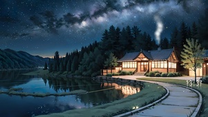 治愈夜晚湖边小屋
