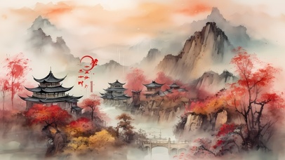 治愈水墨枫叶山林