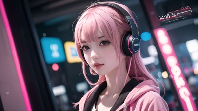 可爱粉发耳机少女