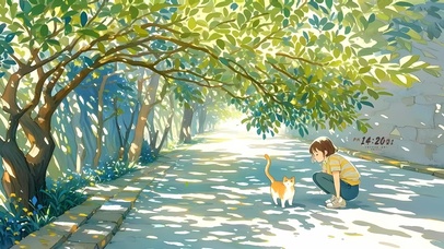 春天绿荫下女孩