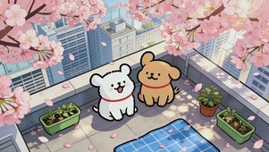 可爱天台赏樱线条小狗