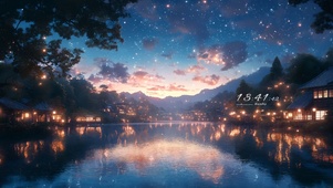 灯火湖畔星空