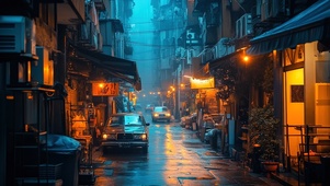 雨夜蓝调城市街景