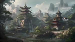 壮观烟雨山水