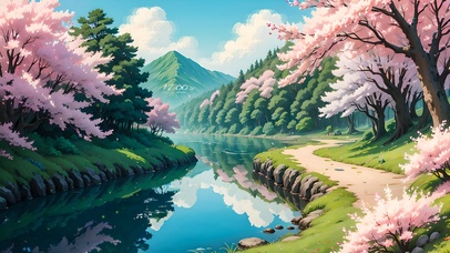 4K唯美治愈樱花河流小路