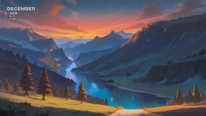 唯美山野溪流夕阳