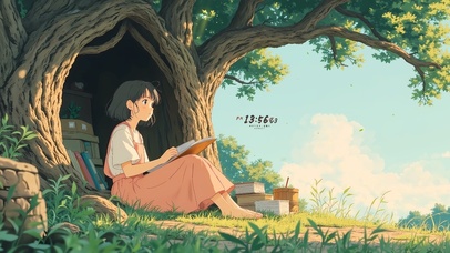 树洞里看书的女孩