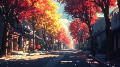 深秋红叶古镇无人街道