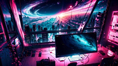 赛博风格的电脑房窗外