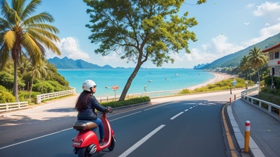 海边骑电瓶车的女孩