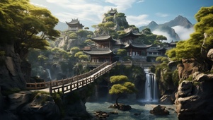 高山流水 亭台楼阁 白云山间