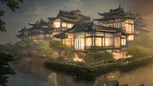 夜晚河边中式别院