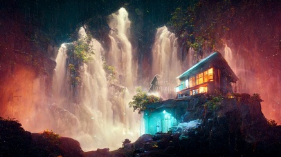 4k 唯美梦幻秘境瀑布小屋