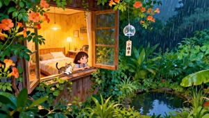 下雨天窗边的女孩与猫咪