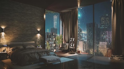雨夜城市简约温馨卧室
