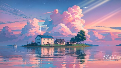 4k治愈樱色夕阳海岛小屋