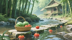 竹林溪边竹篮