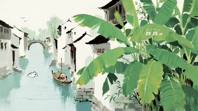 线条小狗游江南小镇