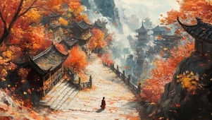 秋日山林孤寂寺庙