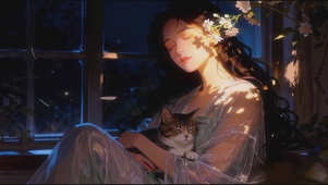 窗沿月光下的治愈相拥